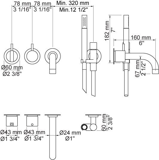 Badkarsblandare Vola 2411C-071 för Inbyggnad