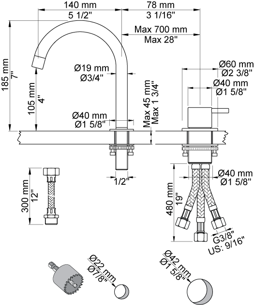 Tvättställsblandare Vola 590G för Inbyggnad